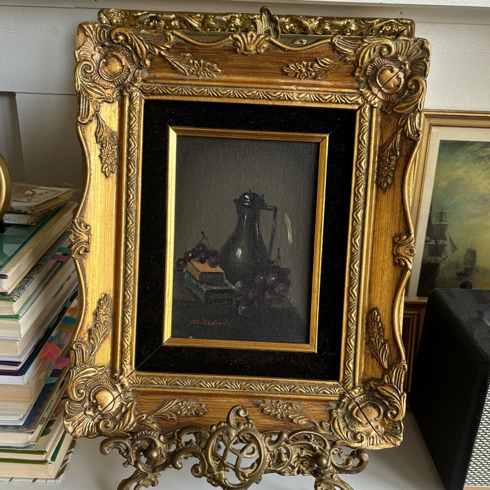 Moody Still Life Oil Painting in Ornate Gold Wood Frame